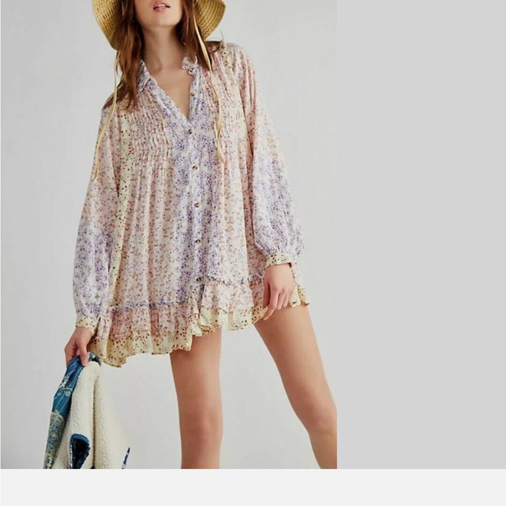 Floral Button Down Shirt - Cream and Purple